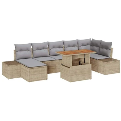 Image of vidaXL 8 Piece Garden Dining Set with Cushions Beige Poly Rattan Acacia