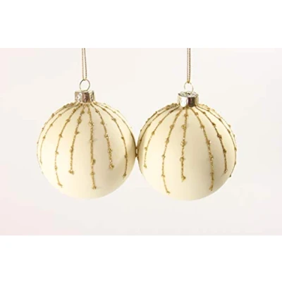 Image of Gisela Graham Glass Baubles Antique Cream and Gold with Glitter Stripes 8 Centimeter Set of 2