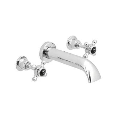Image of Hudson Reed Old London BC409HX Topaz Traditional Bathroom Wall Mounted Top Crosshead Handles and Hexagonal Collars, 69mm x 218mm, Chrome/Black, Bath Spout Stop Taps