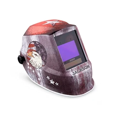 Image of Jackson Safety Premium Auto Darkening Welding Helmet Mask with 4/5 13 Shade Range, 1/1/1/1 Optical Clarity, 1/25,000 response time, 370 Speed Dial Headgear, Freedom Graphics, Red/White/Blue, 47103