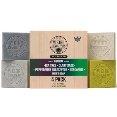 Image of Viking Revolution Mens Soap 4 x 140 g Variety Pack with Tea Tree, Clary Sage, Peppermint Eucalyptus, Bergamot Bar Essential Oils Cold Pressed Coconut Oil, Shea Almond Oil