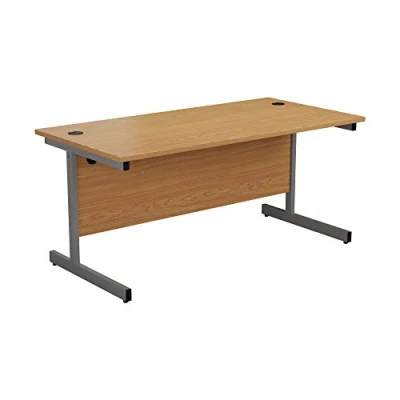 Image of Office Hippo Heavy Duty Rectangular Cantilever Desk, Home Table + Integrated Cable Ports, PC Desk For or Home, 5 Yr Wty Silver Frame/Oak Top, 160cm x 80cm