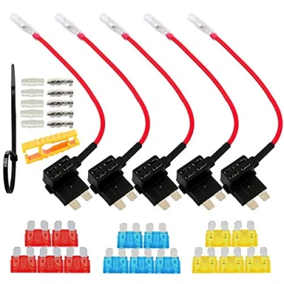 Image of QitinDasen 5Pcs Premium ACU Medium Add A Circuit Fuse Tap, Piggy Back Blade Holder Kit with Wire Harness, Free 15Pcs Standard Fuses, 1Pcs Puller, Ties (12V / 24V)