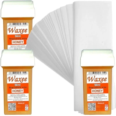 Image of Waxee Compatible for Veet EasyWax 50ml roll on Wax Replacement Roller Cartridge Honey (3 x + 25 Strips)