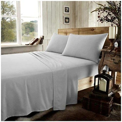 Image of Plain Single Flat Sheet Brushed Cotton Bedding Flannelette Sheets Breathable Hypoallergenic Top Grey