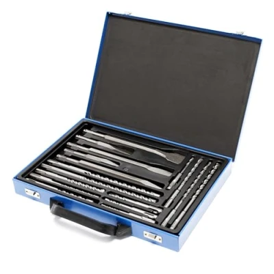 Image of SDS electric rotary hammer drill bit and chisel set 17pcs metal case concrete masonry