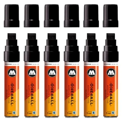 Image of Molotow One4All 627HS Acrylic Marker Glossy (15.0 mm Line Width, High Gloss, Coverage and Permanent, Quick Drying, Refillable, for Almost All Surfaces) Pack of 6, Colour 252 Black