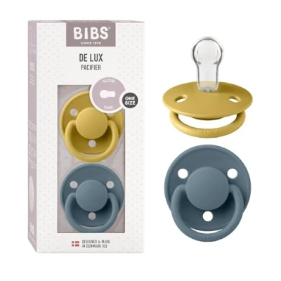 Image of BIBS De Lux Soother 2 Pack, BPA Free Dummy Pacifier, Round Nipple. Silicone, OneSize (0 36 Months), Mustard/Petrol