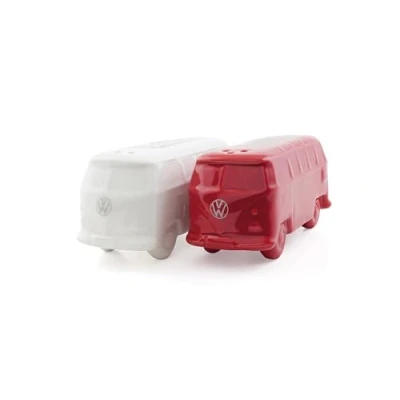 Image of BRISA VW Collection Volkswagen Salt &amp; Pepper Shakers Seasoning Dispenser in Ceramic with T1 Bus Campervan Design 2 Piece Set (Classic Bus/White Red)