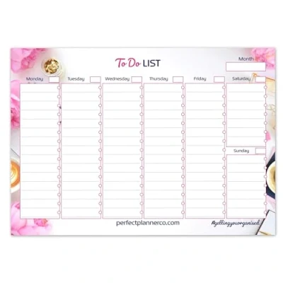 Image of Perfect Planner Company A4 to Do List Desk Pad Undated Weekly with Tear Away Design Monday Sunday, Daily Schedule 90gsm FSC paper Landscape, White 50 Pages