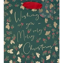 Image of Glick Xmas Gift Bag Berries Holly Medium Traditional Luxury Illustrated Christmas