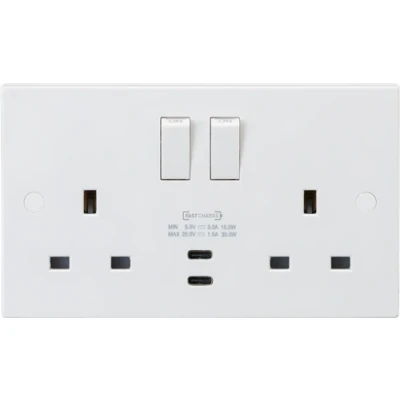 Image of KnightsBridge 13A 2G DP Square Edge Switched Socket with Dual USB C 20V DC 1.5A