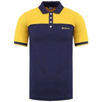 Image of Ben Sherman Short Sleeve Collared Navy Yellow Block Mens Polo Shirt 0074696 054