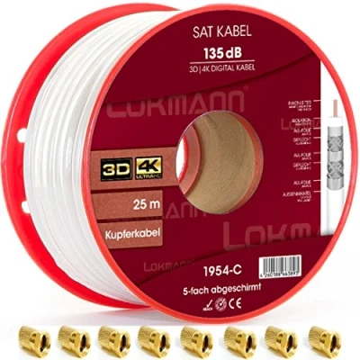 Image of Black 25 m Pure Copper KU Antenna Cable 135 dB 5 Way Shielded Coaxial Satellite TV UHD Full HD, 4K, 8K + Upwards, 10x F Connector