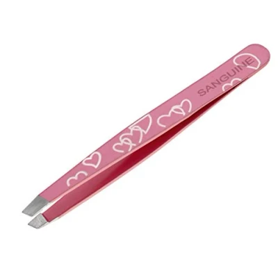 Image of Professional Hair Tweezers, Eyebrow Tweezers Slant Tip, Facial Removal Pink Hearts &amp; Practical Case