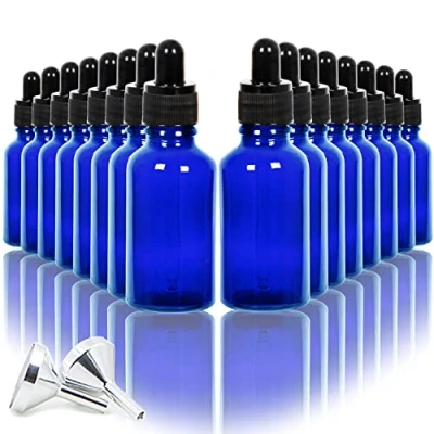 Image of Youngever 16 Pack 30ML Blue Glass Dropper Bottles for Essential Oil, 2 Stainless Steel Mini Funnels