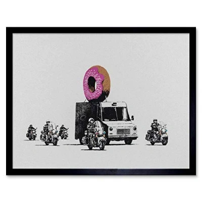 Image of Wee Blue Coo Banksy Donuts (Strawberry) Graffiti Street Art Print Framed Poster Wall Decor 12X16 Inch