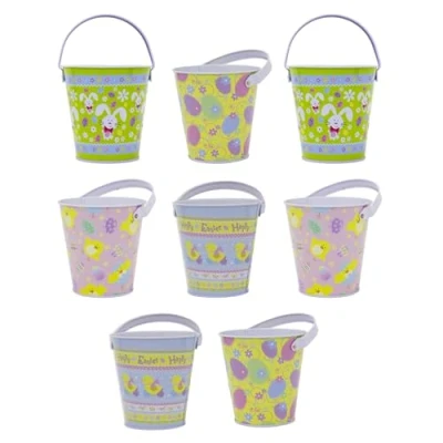 Image of Set of 8 Easter Egg Hunt Bucket Tin Pack Basket Collection With Handle Candy Pail Gifts