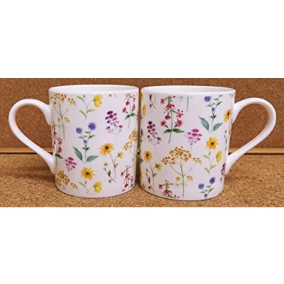 Image of Meadow Flowers Mugs Set 2 Balmoral Fine Bone China Multi Colour Bright Floral Cups Hand Decorated UK