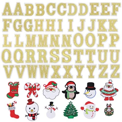 Image of 64 Pcs Alphabet Letter Patches Santa Claus Snowman Embroidered Iron on Patch Gold for Jeans, Jackets,T Shirt,Kid&#039;s Clothing, Bag,Caps,Arts Craft Sew Making