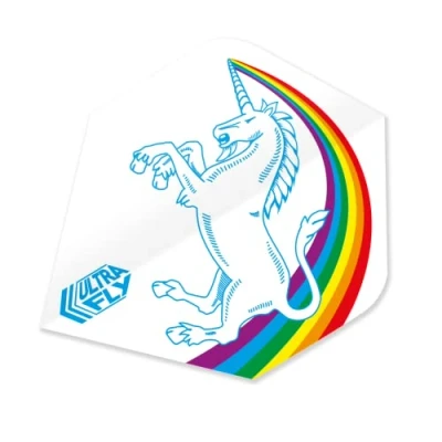 Image of Unicorn UltraFly Dart Flights Rainbow Design White Background Ultra Durable 100 Micron Polyester PET Standard Plus Shape