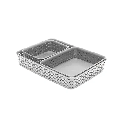 Image of Curver My Style Rattan Effect Set of 3 Office Rectangular A4 A5 A6 Desk Storage Basket Tray Light Grey