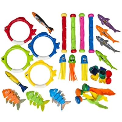 Image of Quickdraw Diving Toys Set for Kids 31 Piece Pool Dive Rings, Sticks, Fish, Gems, Ball Streamers, Sharks, Squids &amp; Torpedo Sharks Fun Underwater Swimming and Beach