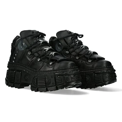Image of New Rock Unisex Metallic Ankle Black Leather Boots WALL106 S12 Size EU 40