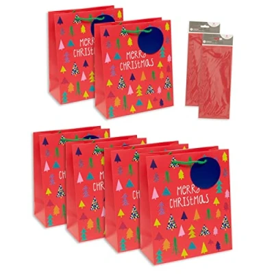 Image of UK Greetings Multipack of 6 Medium Christmas Giftbags &amp; 2 Packs Red Tissue Paper Festive Design