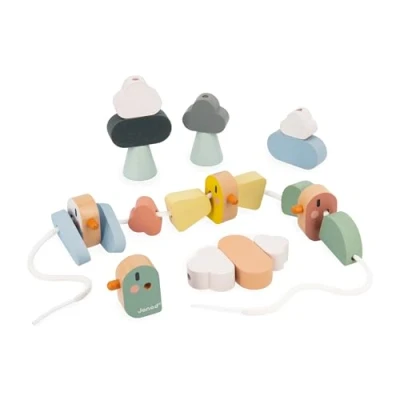 Image of Janod Sweet Cocoon Threading Beads 21 Bird, Wing &amp; Cloud Develops Fine Motor Skills FSC Wood Toy Early Learning Game 24 Months +, J04050