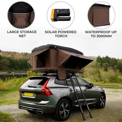 Image of Car Roof Tent Large Hard Shell Box Gas Assisted Pop Up Bunk 2 3 Person 3000mm Waterproof Camping Telescopic Ladder 5.5cm Fitted Mattress Boot Bags Anti Condensation FREE Storage Net &amp; Solar Torch