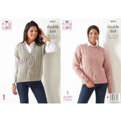Image of King Cole Ladies Double Knit DK Knitting Pattern Cable Slipover &amp; Sweater (6035), 32&#039;&#039; 50&#039;&#039;