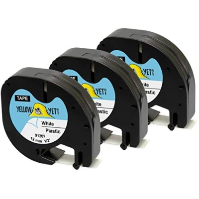 Image of Yellow Yeti 3 Plastic Label Tapes 91201 91221 S0721610 S0721660 Black on White 12mm x 4m Compatible with LetraTag LT 100H 100T 110T QX50 XR XM 2000 Plus Makers