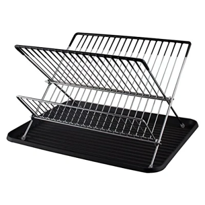 Image of Buckingham Folding 2 Tier Drainer Dish Drying Rack with Board/Tray, Metal, Chrome, 42 x 32 25 cm