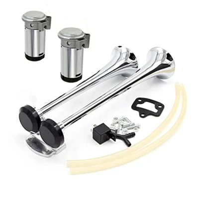 Image of YIYIDA car Horn air Silver 165DB Ship Truck 12V High Tone and Low Double tube Zinc chrome Two pumps super loud Speaker for boat yacht RV vans ect