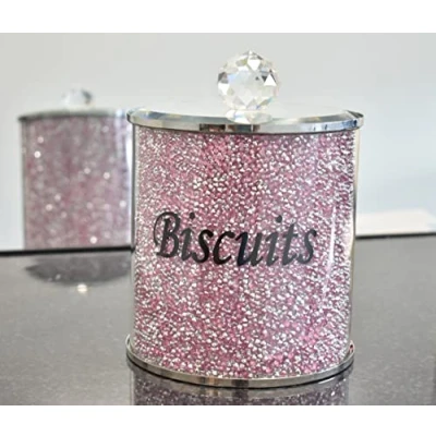 Image of DEENZ Pink Diamond Crushed Biscuit Canister Jar Tin Kitchen Storage &amp; Silver Crystal Display Gift Present For All Occassion Home Decor