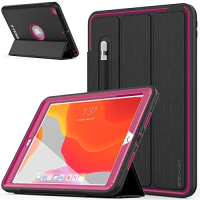 Image of TECHGEAR D FENCE Design For Apple iPad 10.2&quot; 2021/2020 / 2019 9th, 8th, 7th Generation, Slim Shockproof Tough Rugged Protective Armour Smart Case + Stand, Schools Builders Workman Kids [Rose]