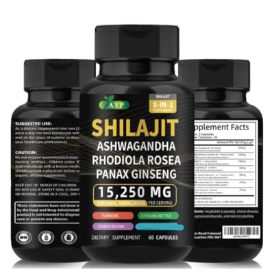 Image of Pure Himalayan Shilajit Ashwagandha High Strength Capsule 8 in 1 Supplement with Rhodiola Rosea 60 Vegan Capsules Food for Energy and Stress