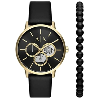 Image of Armani Exchange Watch for Men, Multifunction Movement, 42 mm Gold Stainless Steel Case with a Leather Strap, AX7146SET