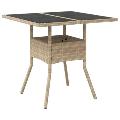 Image of vidaXL Garden Dining Table Beige Poly Rattan w/Tempered Glass Top 80x80x75 cm UV Resistant for Patio, Outdoor, Deck, Balcony