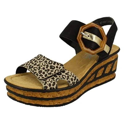 Image of Rieker Womens Black Leopard Print Wedge Sandal Size 6 UK