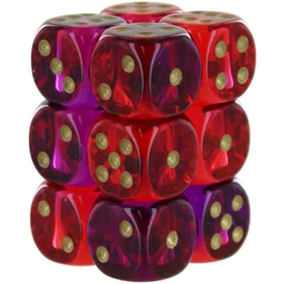 Image of Chessex Dice Set 16mm Gemini: Translucent Red Violet/Gold Block Dungeons and Dragons D &amp; DND TTRPG Includes 12 D6