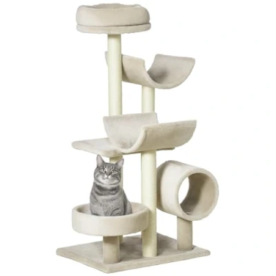 Image of PawHut Cat Tree for Indoor Cats Kitten Pet Scratching Post Perch Activity Center Scratcher Climb Play House Arch with Tunnel 105cm Tall Beige