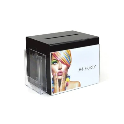Image of Pos Display Shop Large Black Acrylic Suggestion Box / Feedback Ballot Comments Collection with A5 Portrait Leaflet Holder BB0017 LH
