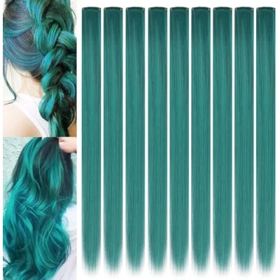 Image of LVSHANGMAO 9Pcs Colored Hair Extensions 21 Inch Heat Resistant Straight Party Highlight Hairpieces Halloween Cosplay New Year Accessories Present for Girls Kids(Green)