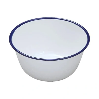 Image of Premium Quality Traditional Enamel White Blue Trim Rice Plate, Pasta Bowl, Dinner Round Pie Soup Mixing Deep Dish Tableware Crockery (Pudding Basin 18cm)
