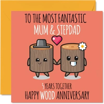 Image of Cute Wooden Anniversary Card for Mum &amp; Step Dad 5 Years Together Happy 5th Wedding Cards Mum, 145mm x Greeting Fifth Anniversaries
