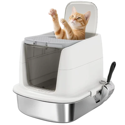 Image of PawHut Stainless Steel Litter Box with Lid, Large Hooded Cat Tray Front Entry and Top Exit, Metal Scoop, Deodoriser Bag, Non Sticky, Odour Control Easy Clean, White