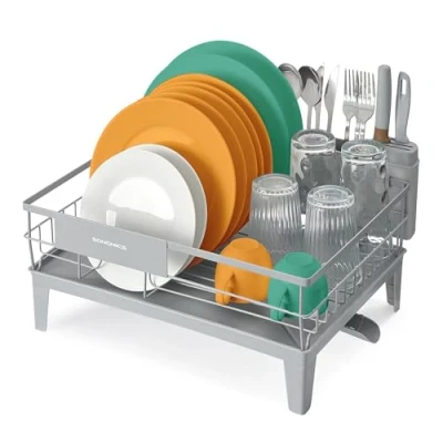Image of SONGMICS Dish Drying Rack, Drainer for Kitchen Counter, 360 Rotatable and Extendable Spout, Drainboard, with Cutlery Holder, 31 x 42 18.5 cm, Dove Grey KCS550G01