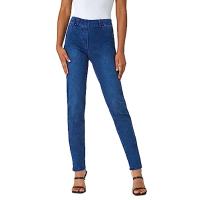 Image of Roman Originals Jeggings for Women UK Jean Ladies Stretchy Trousers Denim Leggings High Waist Rise Pull On Skinny Straight Leg Cotton Pants Smart Casual Mid Blue (31 inch) Size 14